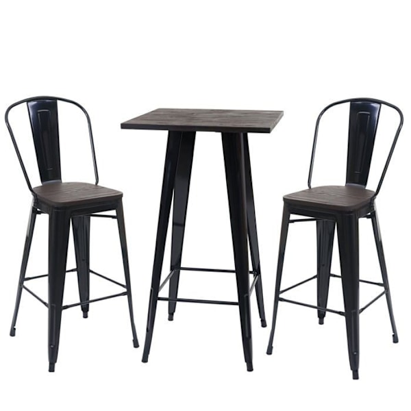Sæt barbord med 2x barstole, plade i træ, industrielt design i sort metal 04_0003070 kastanj