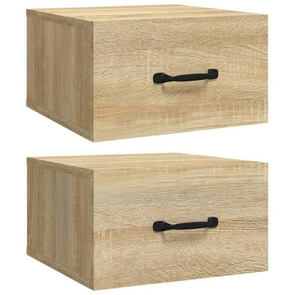 Sæt med 2 væghængte natborde med skuffe 35 x 35 x 20 cm ingeniørtræ i egetræ farve DEC036069 kastanj