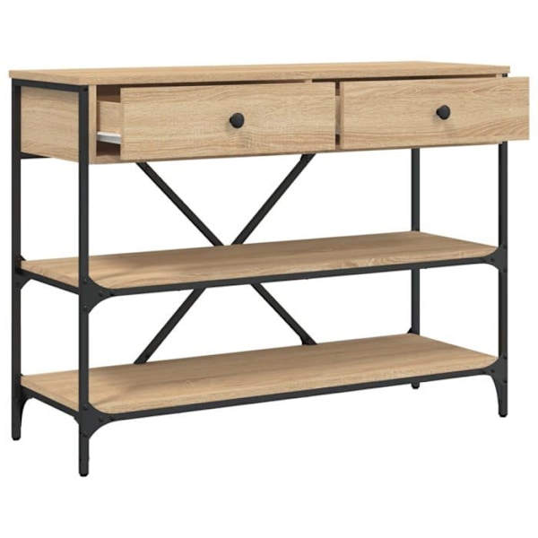 Konsolbord med skuffer og hylder 100 x 34,5 x 75 cm i ingeniørtræ farve eg og stål DEC031635 kastanj