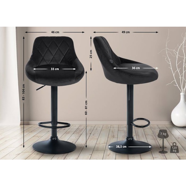 Barstol i sort velour med dekorative syninger, roterende, sort metalstøtte TDB10669 Metall