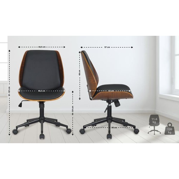 Kääntyvä ja säädettävä toimistotuoli pyörillä, moderni design, musta synteettinen materiaali, puu ja musta metalli.