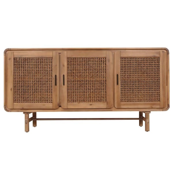 Kolmeovinen buffet, jossa on 4 säilytystilaa, rottinkia ja akasiapuuta, 82x160x45 cm 04_0005996 kastanj