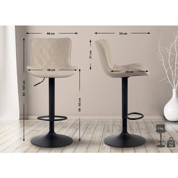 Barstol x1 dekorative syninger trumpetfod justerbar højde i sort metal sæde i creme PVC 10_0004857 Grädde