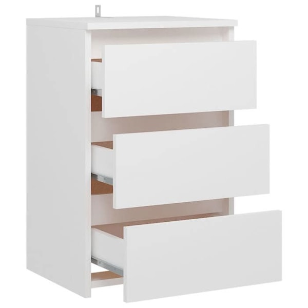 2 kpl yöpöytiä, joissa on 3 laatikkoa 40 x 35 x 62,5 cm valkoista lastulevyä DEC034945 Vit
