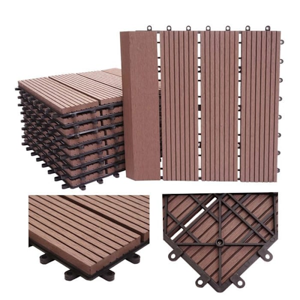 11 kpl WPC-laattat, puun näköinen viimeistely parvekkeelle/terassille 30 x 30 cm = 1 m² väri kahvi pystysuora viiva 04_0006196 kastanj