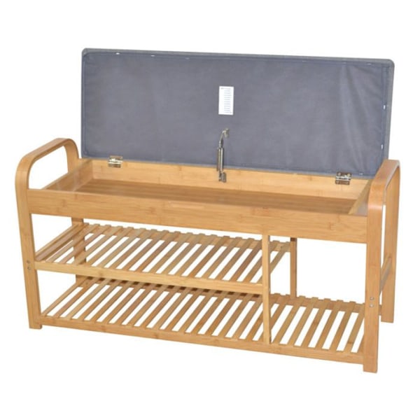 Bamboo bench with two natural color shelves and removable gray padded seat.