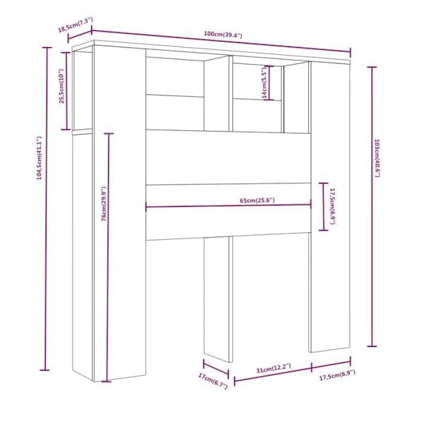 Hovedgærde med opbevaring, tilbehør til seng, natbord, hylde 100 x 18,5 x 104,5 cm MDF grå TDL0200014