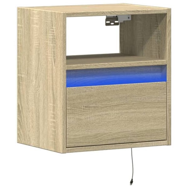 Væghængt natbord med LED-lys og skuffe 41 x 31 x 45 cm i ingeniørtræ farve eg DEC034190 kastanj