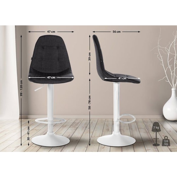 Barstool x1 med fotstöd justerbar höjd svängbar sits i svart tyg metallram vit 10_0004853 Vit
