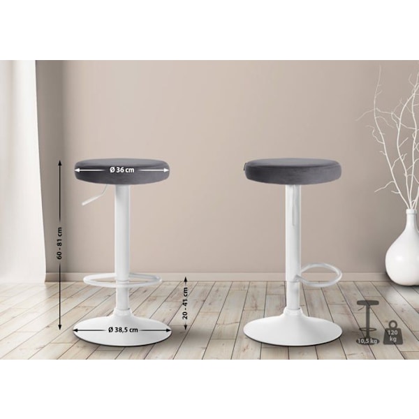 Barstol x1 enkelt design højdejusterbar mørkegrå velourbetræk hvide metalben 10_0005356 Vit