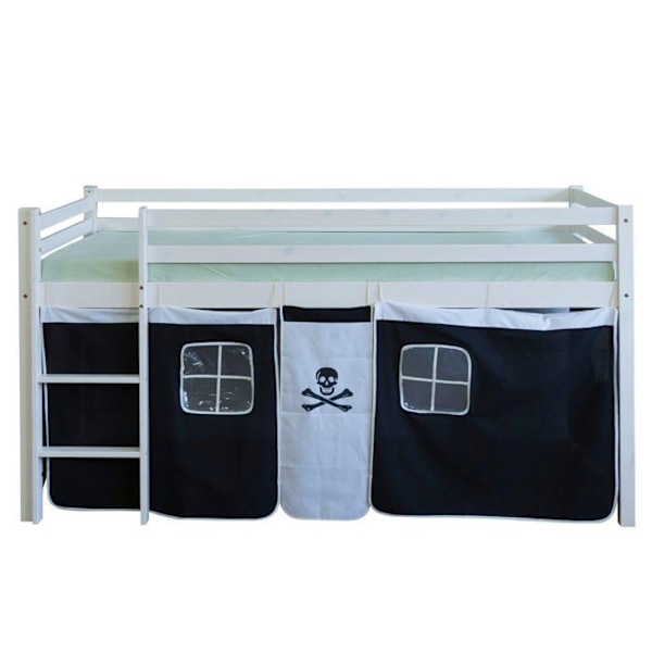 Lyst mezzanin - [MARKE] - 90x200cm - trappe i hvidt træ - sort piratstof