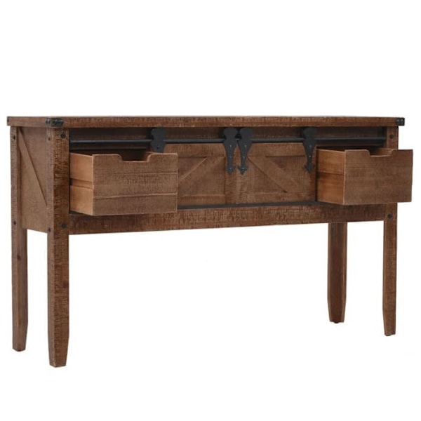 Konsolbord med 2 skuffer og 2 rum 131 x 35,5 x 75 cm i massivt fyrretræ, MDF og stål DEC031748 kastanj