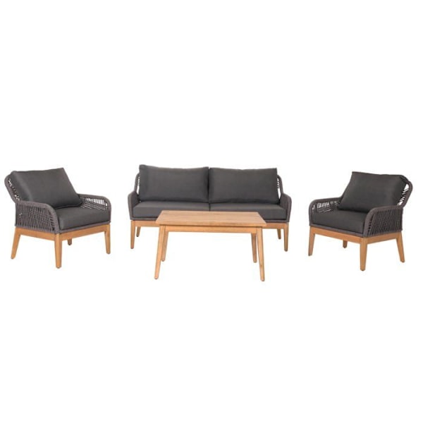 Havemøbler med bord, sofa, stol, reb, akacietræ, mørkegrå pude 04_0008308 kastanj