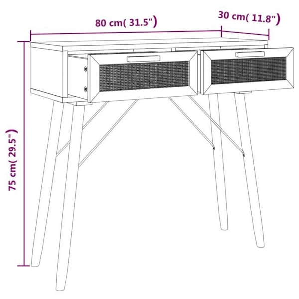 Praktisk konsolbord med opbevaringsskuffer 80 x 30 x 75 cm massivt fyrretræ / naturlig sort rattan DEC032165 kastanj