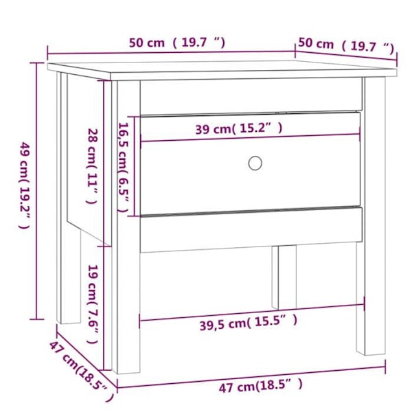 Sengebord med skuffe 50 x 50 x 49 cm i massivt grå fyrretræ DEC032443 kastanj