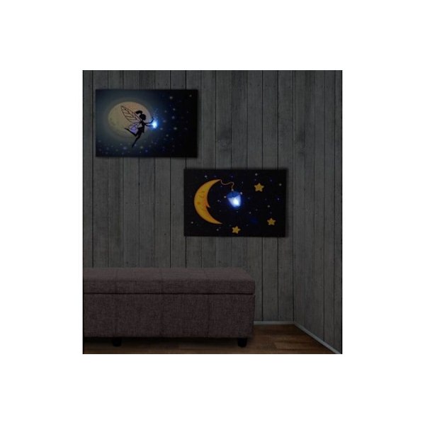 Väggdekorationstyg med 2 LED-lampor, tavla med upplyst motiv av fe/måne