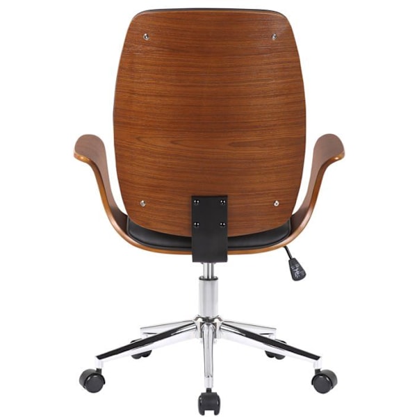 Klassisk og komfortabel kontorstol med ergonomisk ryg, justerbar højde i sort syntetisk materiale, træ og metal.