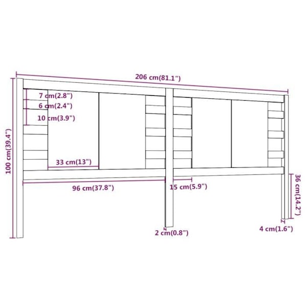 Hovedgærde - TDL - 206x4x100 cm - Massivt træ - Lys brun - Ikke aftageligt