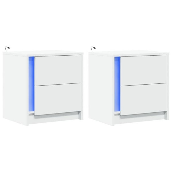 Sæt med 2 natborde med skuffer og LED 43 x 34 x 45 cm i hvidt ingeniørtræ DEC032871 Vit