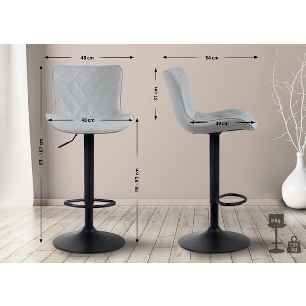 Barstol x1 dekorative syninger, trompetfod, justerbar højde, sort metal, grå PVC sæde 10_0004858 Grå