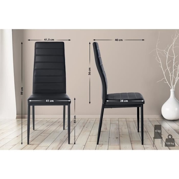 Spisestuestole - Design - Pakke med 4 - Sort kunstlæder - Sort metalramme - Moderne Svart