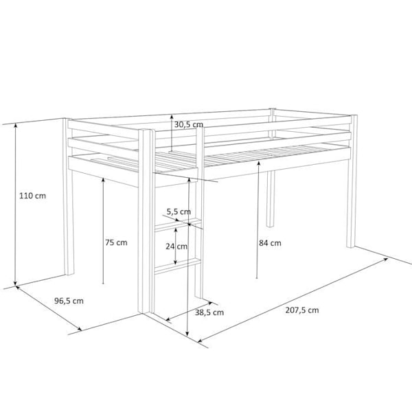 Valoisa mezzanine - MARQUE - 90x200cm - Valkoinen puu - Käännettävä tikas - Sininen kangas ja tunneli