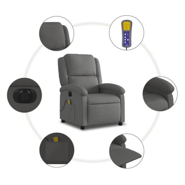 TV-lænestol med massagesektion, elektrisk justerbar, 6 massagepunkter, ægte læder, grå DEC027170 Grå