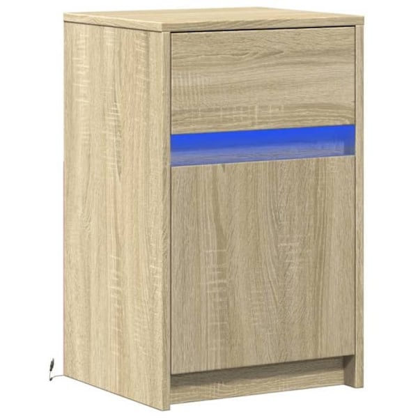 Sengebord med LED-belysning 38 x 34 x 61 cm ingeniørtræ farve eg DEC032776 kastanj