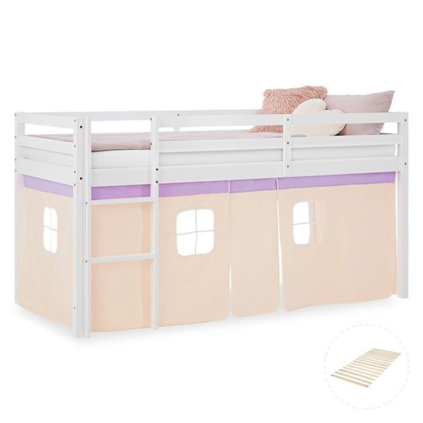 Lit mezzanine avec sommier a lattes 90x200cm avec échelle en bois laqué blanc et toile beige lilas incluse sans matelas LIT06246 Beige