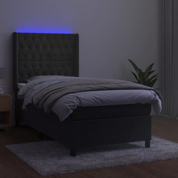 LED sengestel med grå fløjlshovedgærde, madras 80 x 200