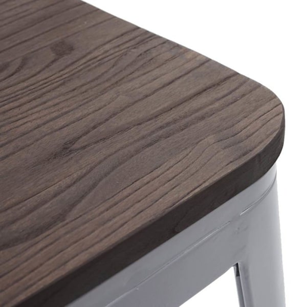 Set av 2 låga barstolar med sittdel i trä, stapelbar i metall, industriell design i grå metall 04_0000500 kastanj