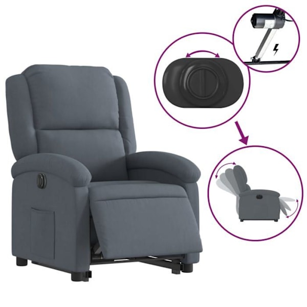 Fauteuil relax TV med elektrisk løftfunktion, meget komfortabel i mørkegrå velour DEC028370 Grå