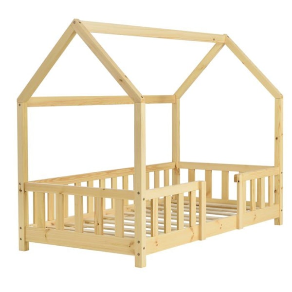 Seng til børn hytte hus med barriere og lamelbund i naturligt fyrretræ 70 x 140 cm 03_0005487 kastanj