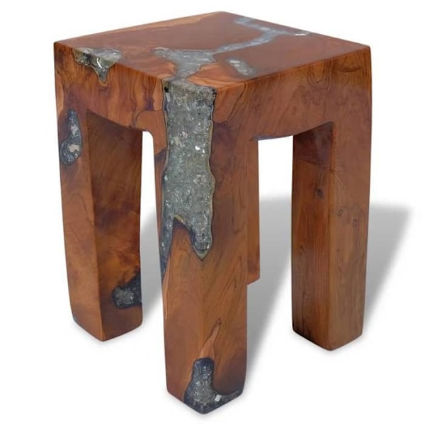 Taburett med sittstöd för växter 30x30x40 cm i massiv teakträ och flerfärgad resin DEC026339 kastanj