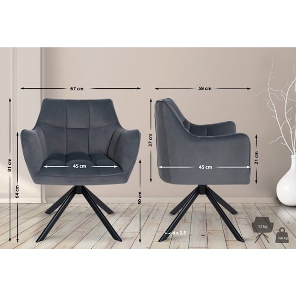 Lounge spisebordsstol med grå fløjl, drejelig, med sorte stålben
