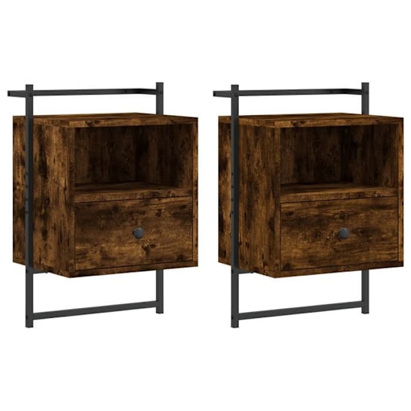 Sæt med 2 vægmonterede natborde med skuffe og rum 40 x 30 x 61 cm i brunt ingeniørtræ og metal DEC034153 kastanj