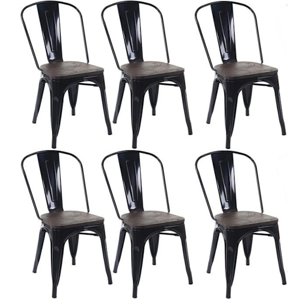 6 spisestole i industrielt factory design med sort metal og sæde i træ