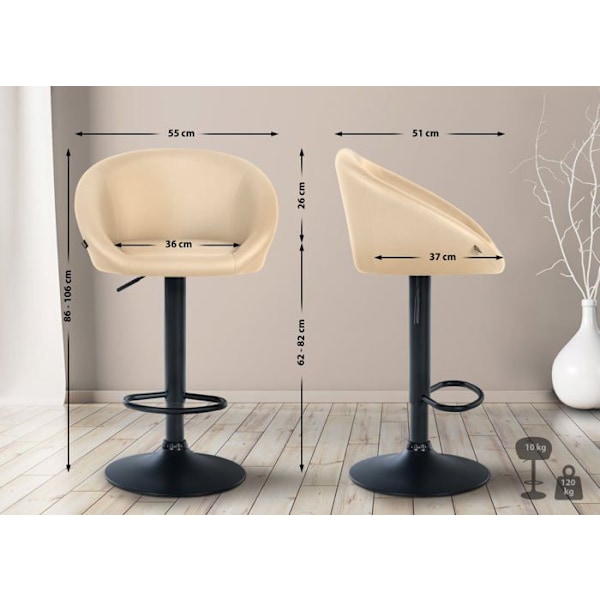 Barstol med 360° drejelig sæde, justerbar højde, creme PVC, ben i sort metal 10_0004764 Grädde