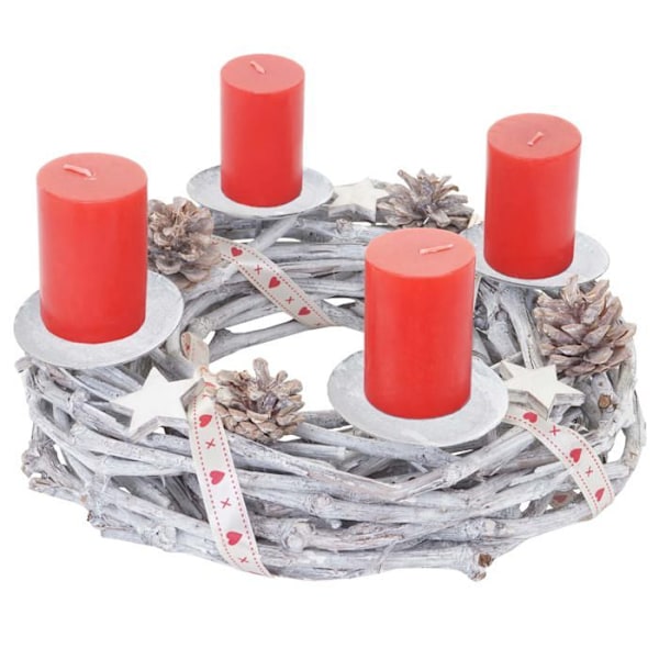 Adventtikruunu ympyrä jouluaskartelutuli 30 cm valkoinen harmaa punaisilla kynttilöillä 04_0002563 Vit
