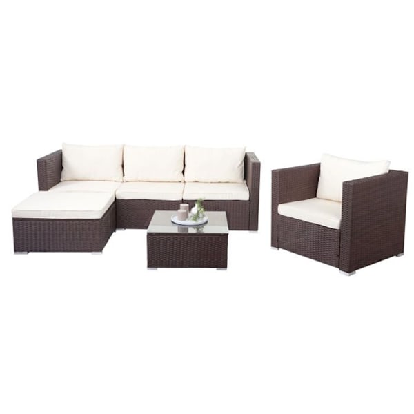 Sofa-sæt have-sofa bord polyrotin brun med creme pude 04_0004227 Grädde
