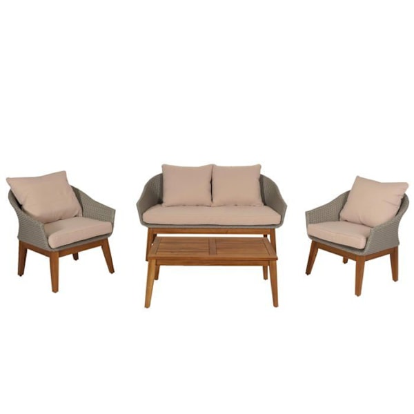 Salon i haven med sofa, stole og bord i poly rattan og akaciatræ med beige puder 04_0008322 Beige