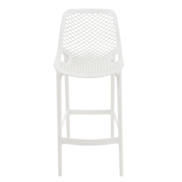 Barstol med moderne design, hvid plastik, indendørs eller udendørs med fodstøtte.