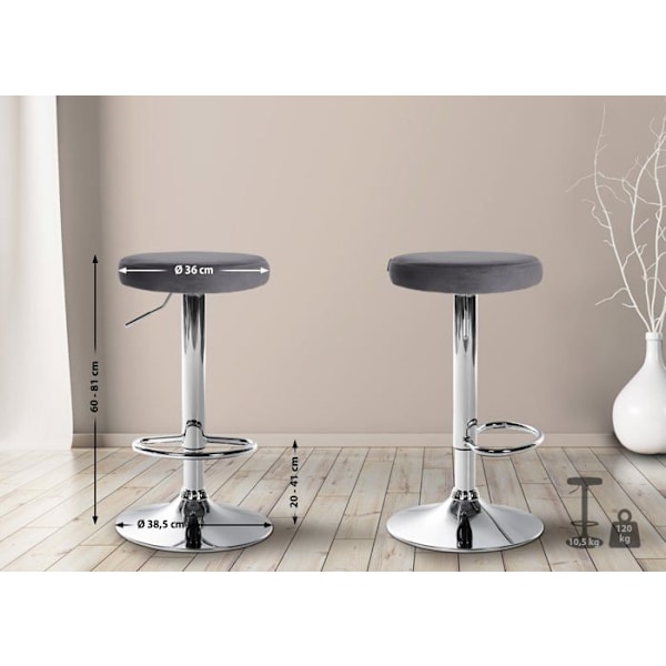 Barstol x1 enkel design justerbar højde mørkegrå velourbetræk metalben i chrome look 10_0005348 Grå