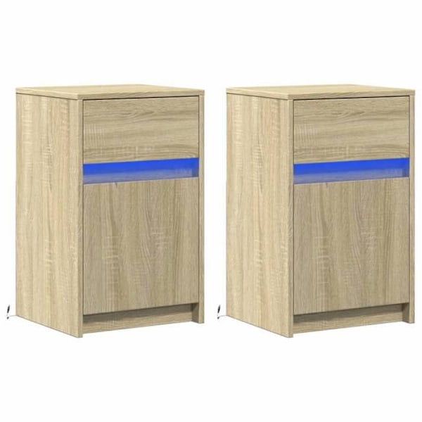 2 kpl yöpöytiä laatikolla ja LED-valolla, valmistettu tammivärisestä engineered woodia DEC032852 kastanj