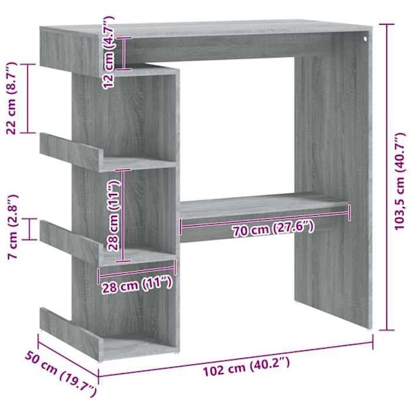 Multifunktionelt sidebord med barbord og opbevaringshylde 100 x 50 x 101,5 cm grå ingeniørtræ DEC036453 kastanj