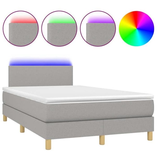 LED-sängram med silkesljust huvudgavel, madrass och övermadrass 120 av 200 ljusgrått tyg