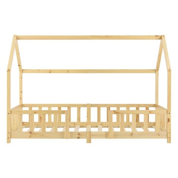 Lasten sängyn muoto talona, jossa vaahtomuovipatja ja puinen painijapari, 90 x 200, luonnollinen.