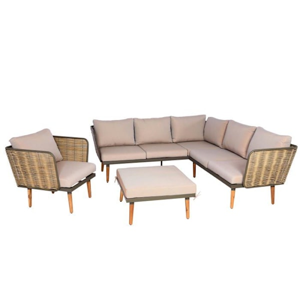 7 hengen ulkokalusteryhmä sohva terasille, mukana terästtabletti ja polyrotin, vaaleanbeige ja ruskeat tyynyt 04_0008320 Beige
