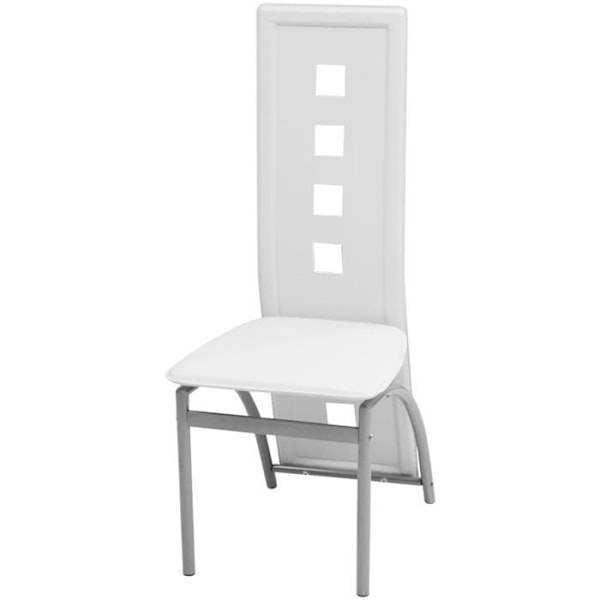 Set med 4 tidlösa matsalsstolar i vitt syntetiskt material.