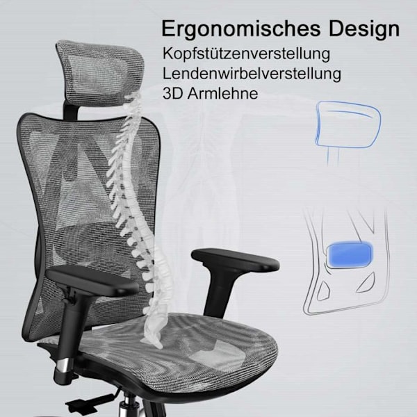 Ergonomisk kontorstol med drejefunktion og justerbart sæde og ryg, grå mesh-belægning 04_0006217 Grå